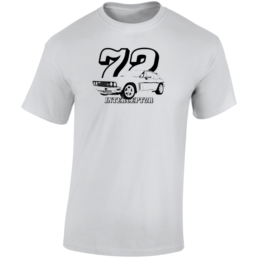 1972 Interceptor Three Quarter Angle View With Year And Model Name Light Color T Shirt