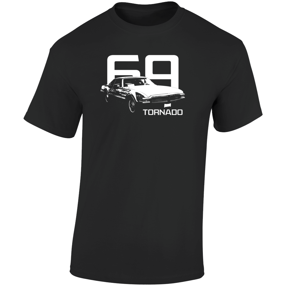 1969 Tornado Three Quarter Angle View With Year And Model Name Dark Color T Shirt
