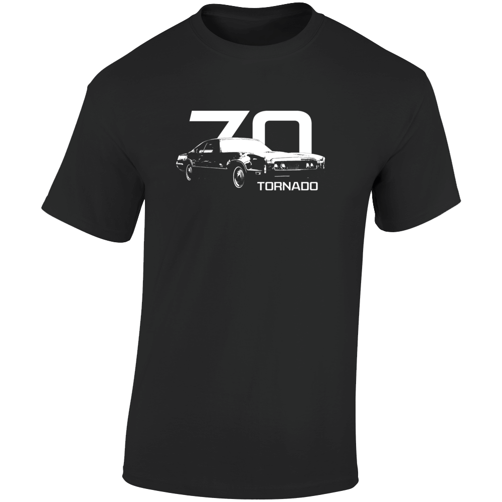 1970 Tornado Three Quarter Angle View With Year And Model Name Dark Color T Shirt