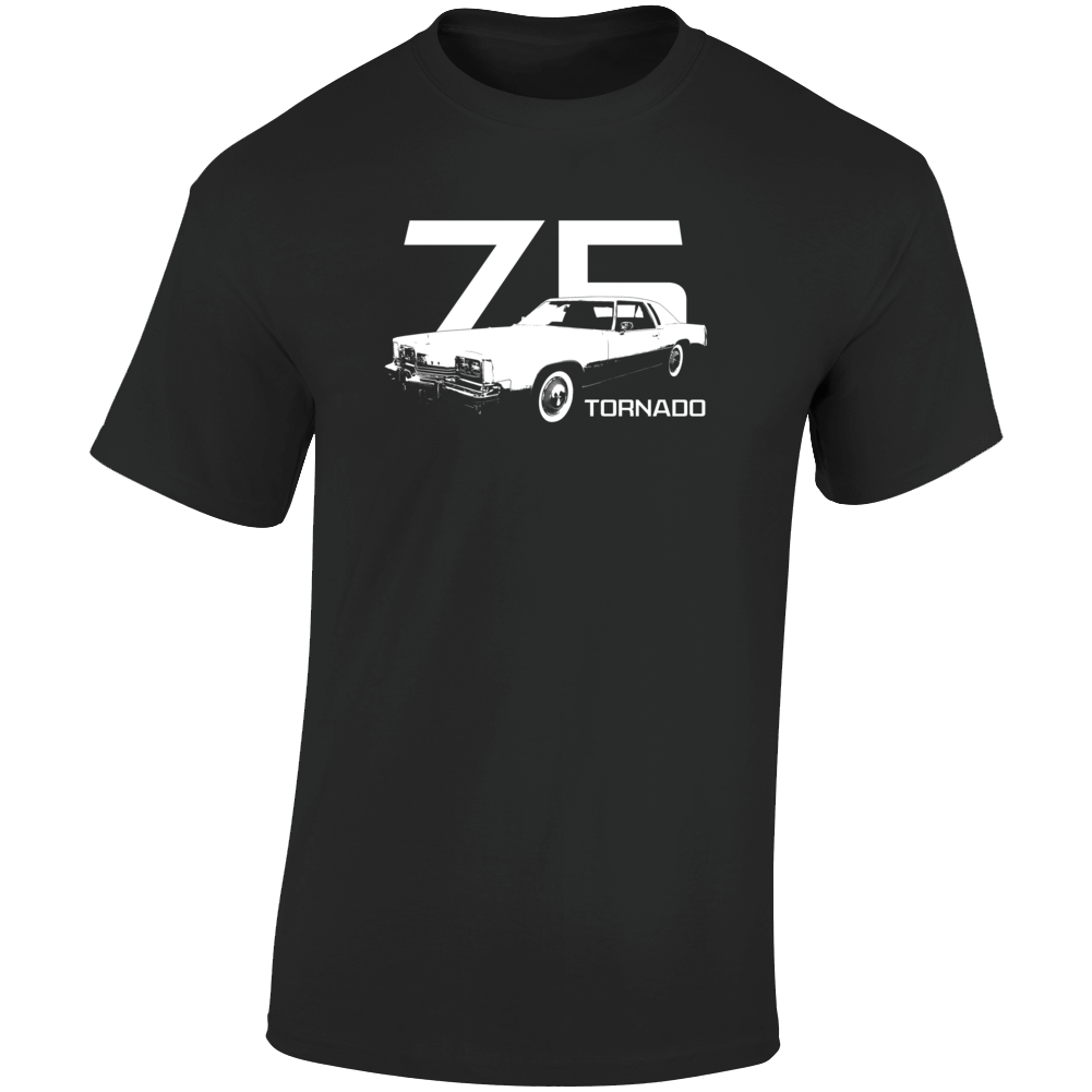 1975 Tornado Three Quarter Angle View With Year And Model Name Dark Color T Shirt