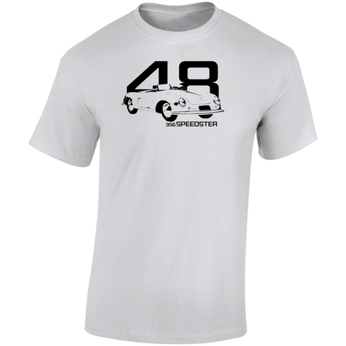 1948 356 Speedster Three Quarter Angle View With Year And Model Name Light Color T Shirt