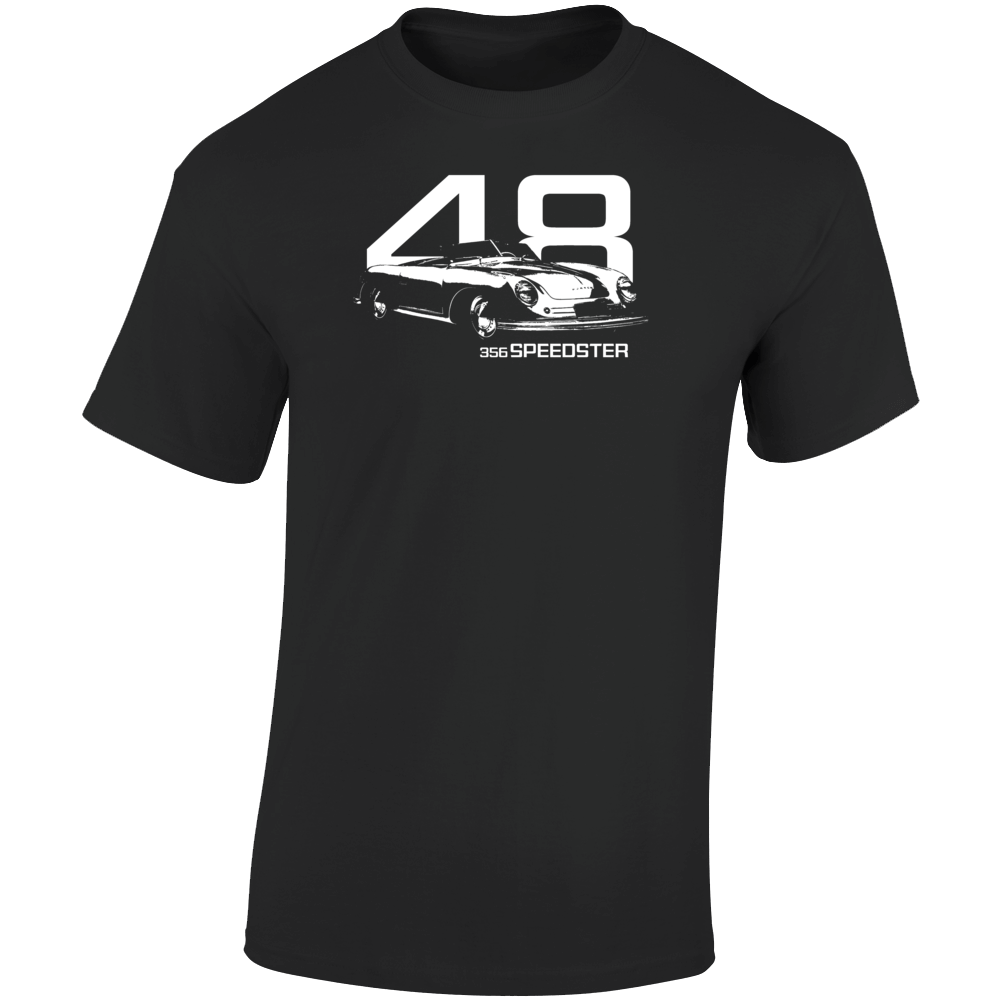 1948 356 Speedster Three Quarter Angle View With Year And Model Name Dark Color T Shirt