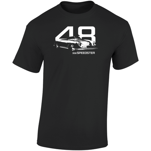 1948 356 Speedster Three Quarter Angle View With Year And Model Name Dark Color T Shirt