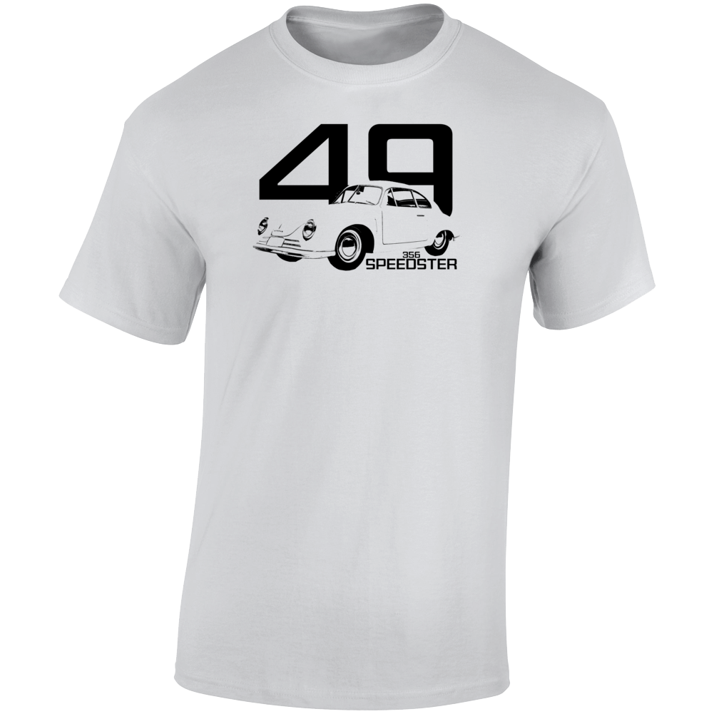 1949 356 Speedster Three Quarter Angle View With Year And Model Name Light Color T Shirt