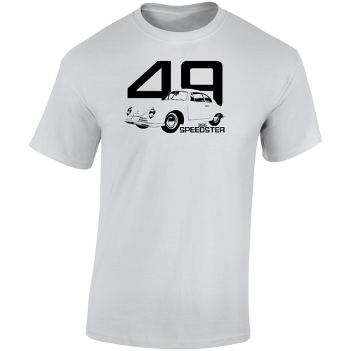 1949 356 Speedster Three Quarter Angle View With Year And Model Name Light Color T Shirt
