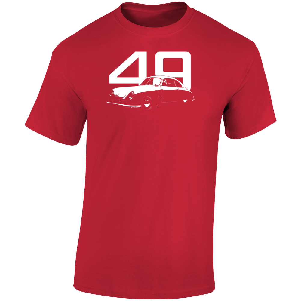 1949 356 Speedster Three Quarter Angle View With Year Dark Color T Shirt
