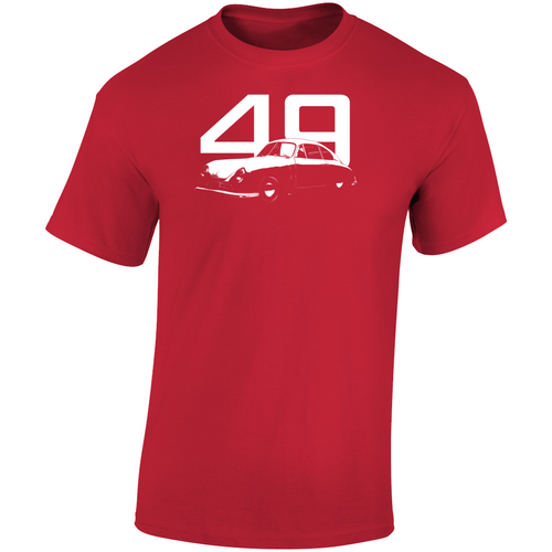 1949 356 Speedster Three Quarter Angle View With Year Dark Color T Shirt