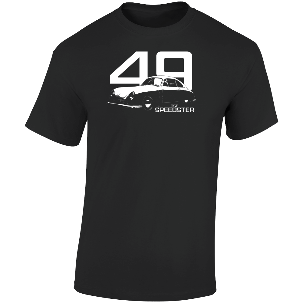 1949 356 Speedster Three Quarter Angle View With Year And Model Name Dark Color T Shirt