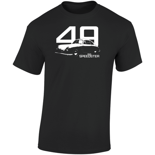 1949 356 Speedster Three Quarter Angle View With Year And Model Name Dark Color T Shirt
