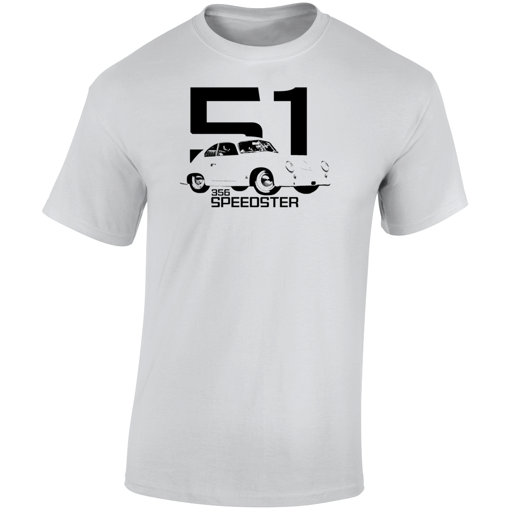 1951 356 Speedster Three Quarter Angle View With Year And Model Name Light Color T Shirt