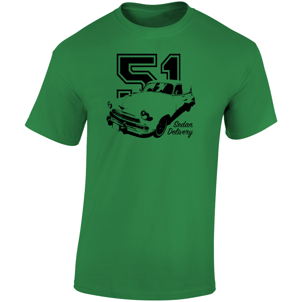 1951 Chevy Sedan Delivery Three Quarter Angle View With Year And Model Name Light Color T Shirt