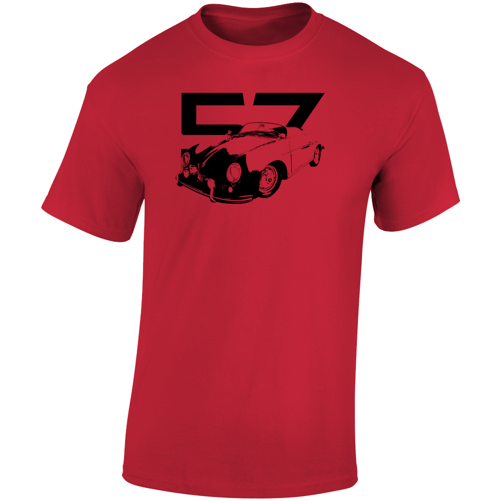 1957 356 Speedster Three Quarter Angle View With Year Light Color T Shirt