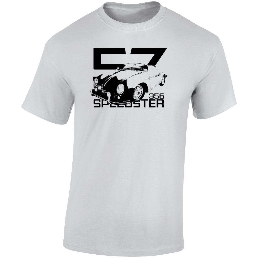 1957 356 Speedster Three Quarter Angle View With Year And Model Name Light Color T Shirt