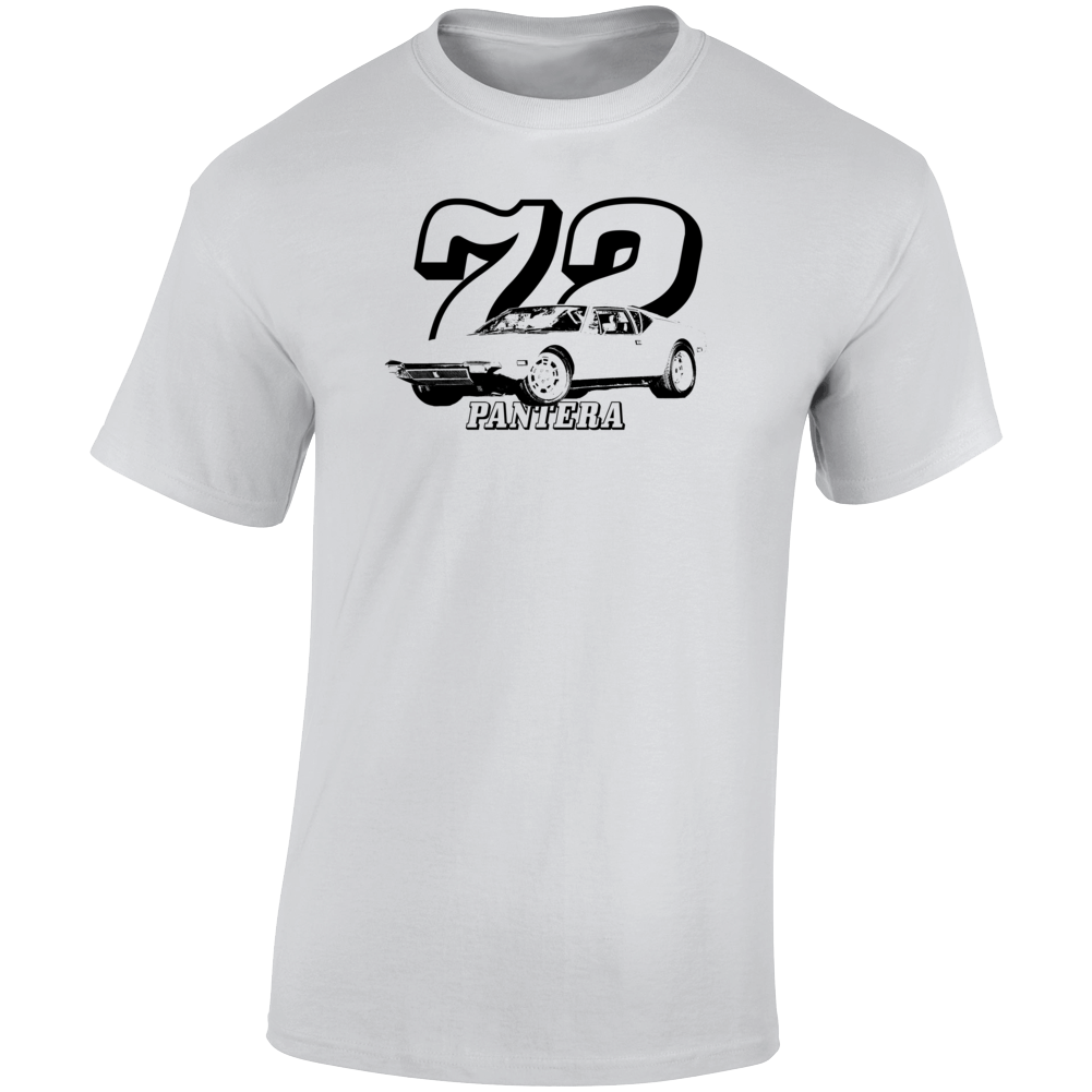 1972 Pantera. Three Quarter Angle View With Year And Model Name Light Color T Shirt