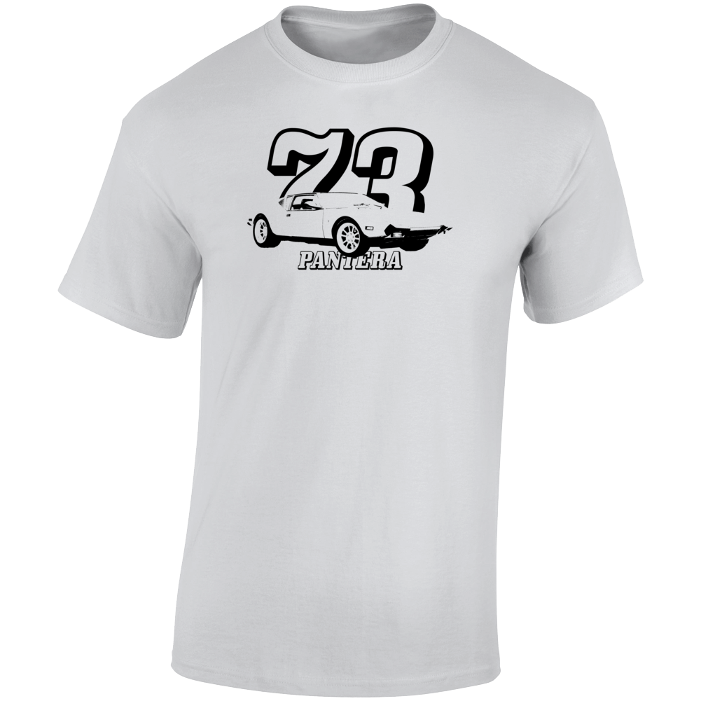 1973 Pantera. Three Quarter Angle View With Year And Model Name Light Color T Shirt