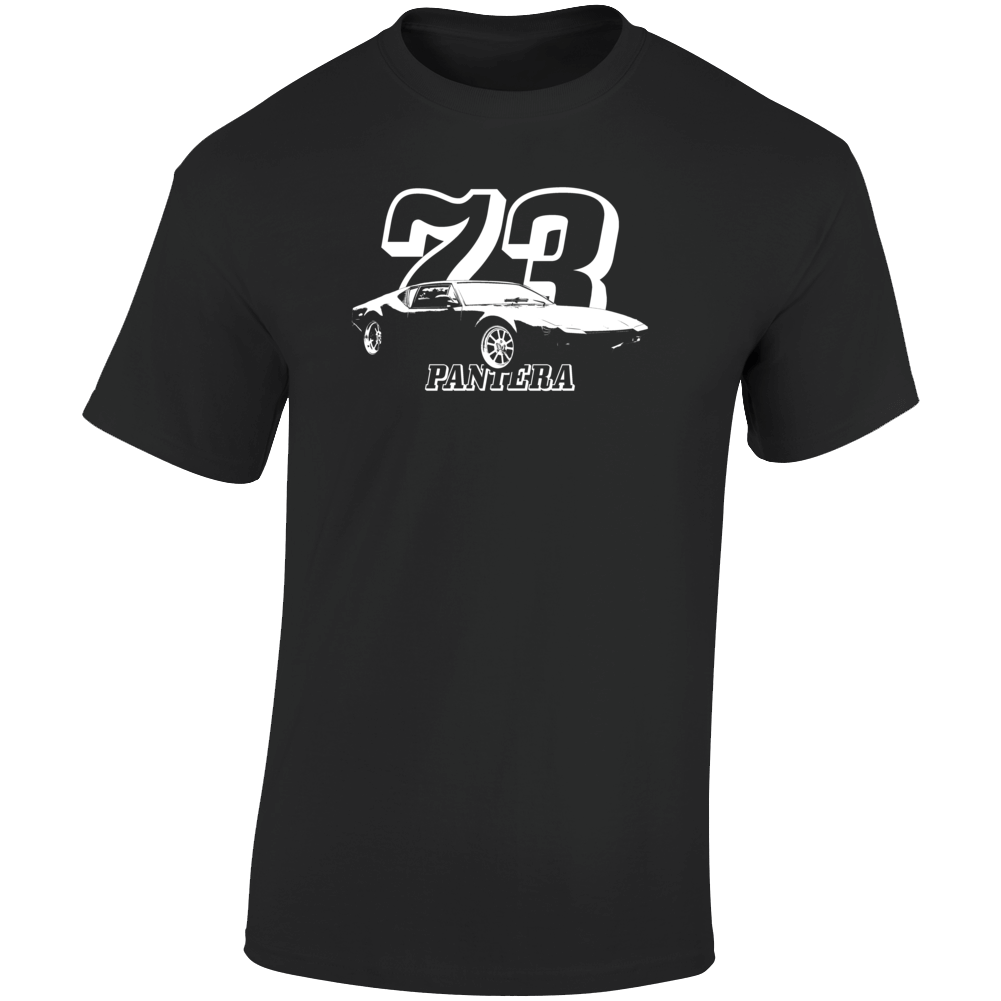 1973 Pantera. Three Quarter Angle View With Year And Model Name Dark Color T Shirt