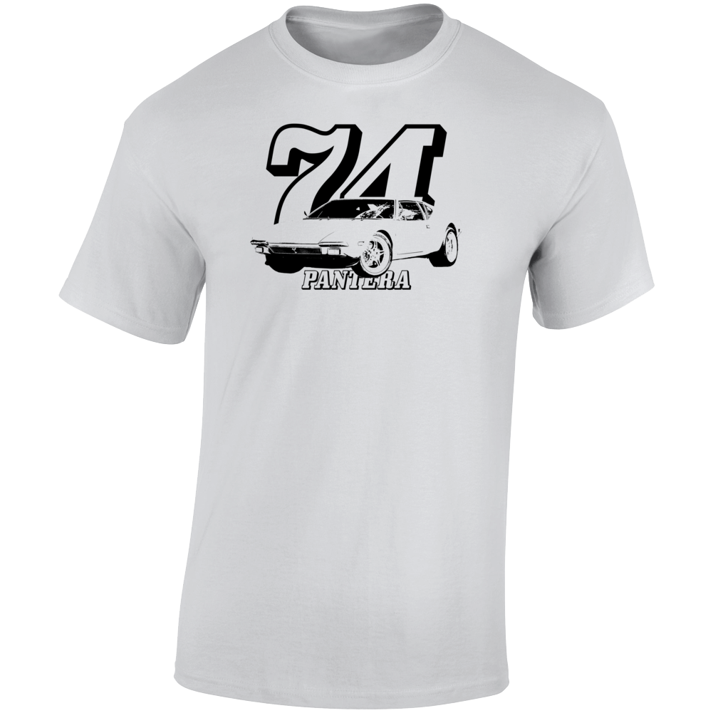1974 Pantera. Three Quarter Angle View With Year And Model Name Light Color T Shirt