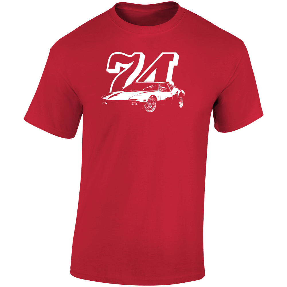 1974 Pantera. Three Quarter Angle View With Year Dark Color T Shirt