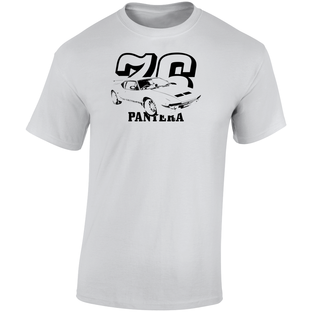 1976 Pantera. Three Quarter Angle View With Year And Model Name Light Color T Shirt