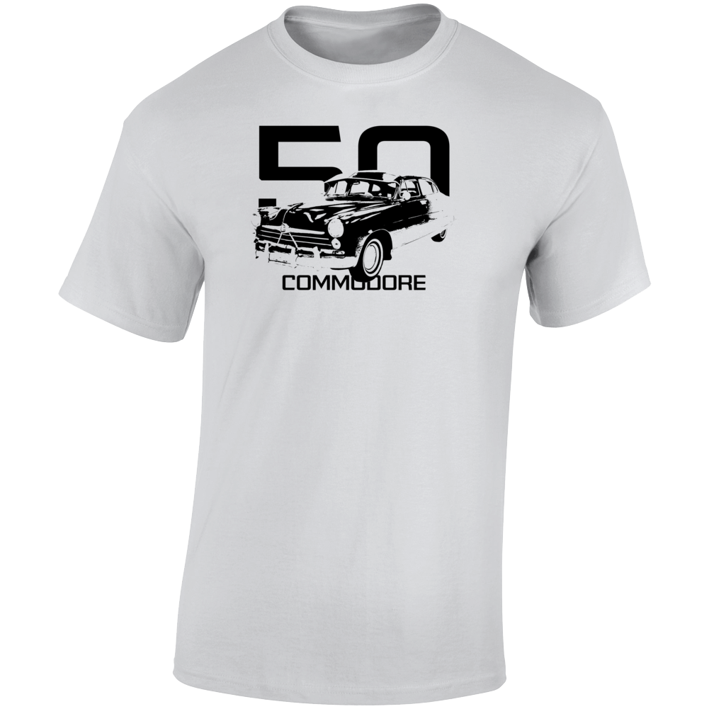 1950 Commodore Three Quarter Angle View With Year And Model Name Light Color T Shirt