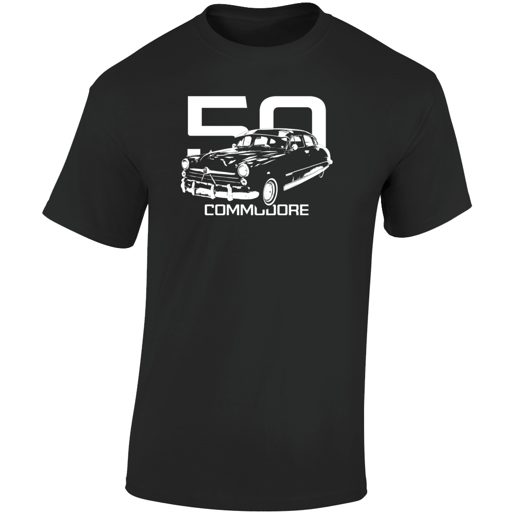 1950 Commodore Three Quarter Angle View With Year And Model Name Dark Color T Shirt