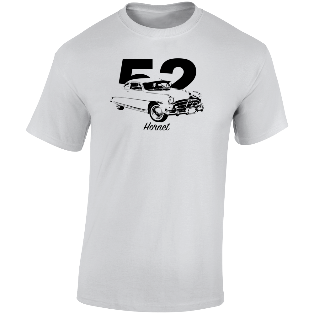 1952 Hornet Three Quarter Angle View With Year And Model Name Light Color T Shirt