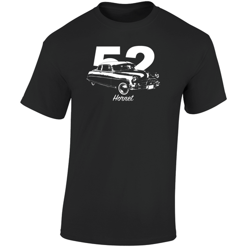 1952 Hornet Three Quarter Angle View With Year And Model Name Dark Color T Shirt