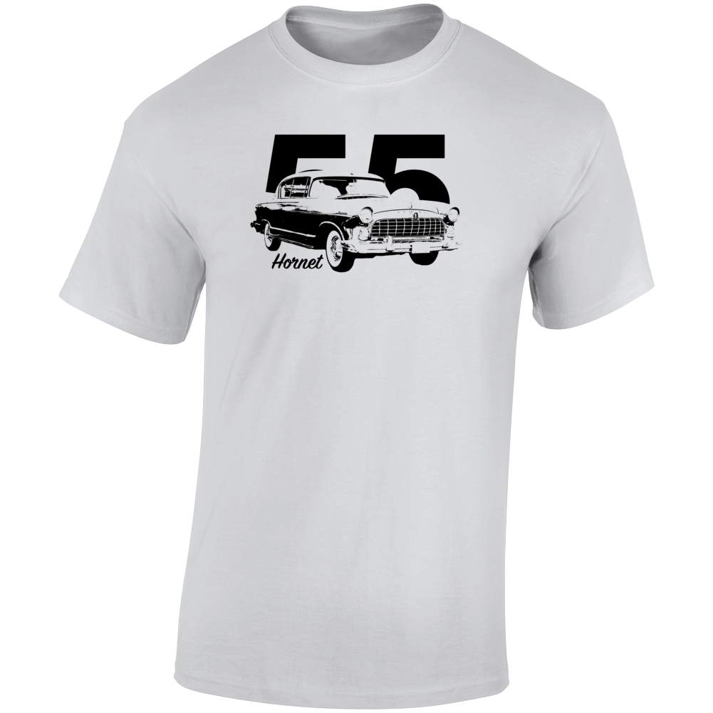 1955 Hornet Three Quarter Angle View With Year And Model Name Light Color T Shirt