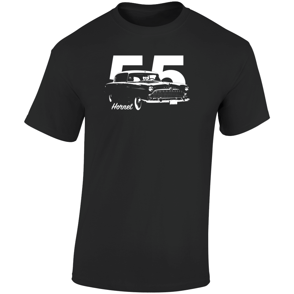 1955 Hornet Three Quarter Angle View With Year And Model Name Dark Color T Shirt