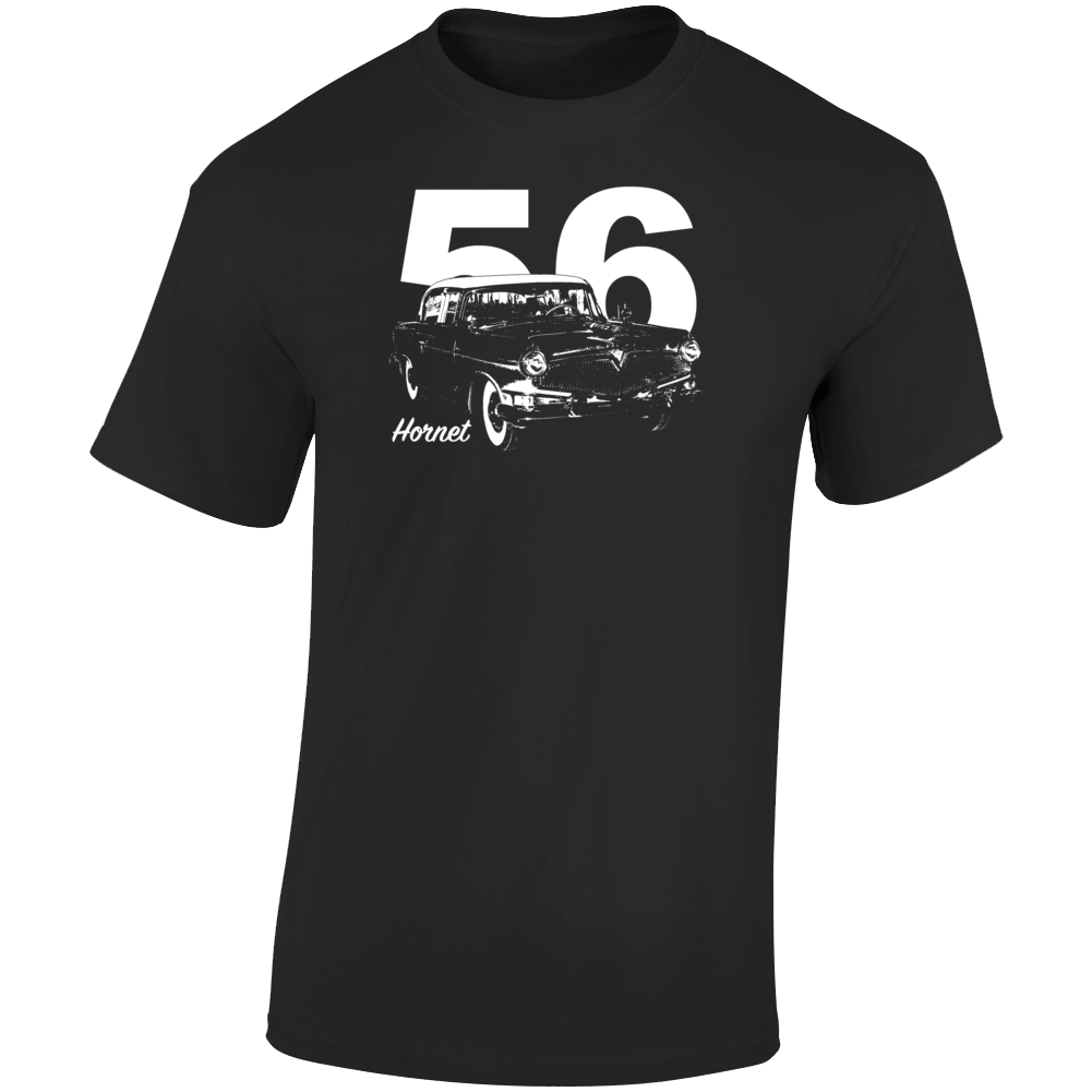1956 Hornet Three Quarter Angle View With Year And Model Name Dark Color T Shirt