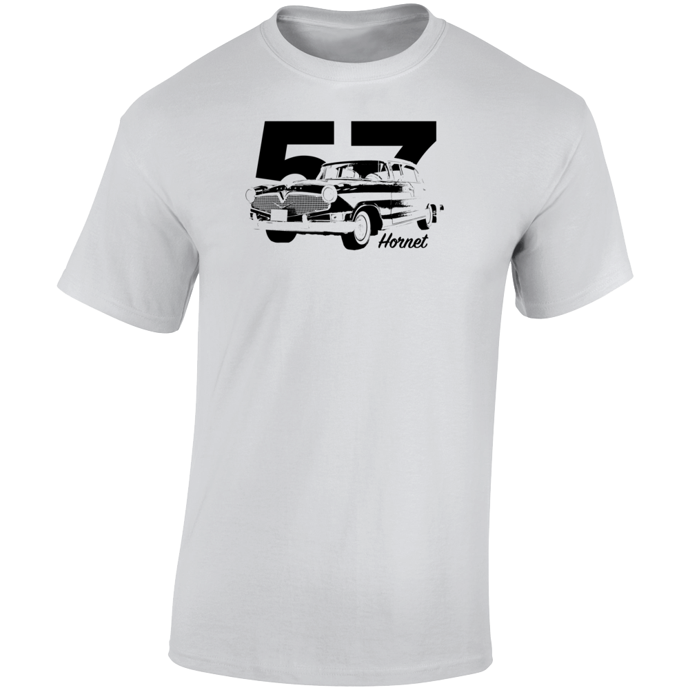 1957 Hornet Three Quarter Angle View With Year And Model Name Light Color T Shirt