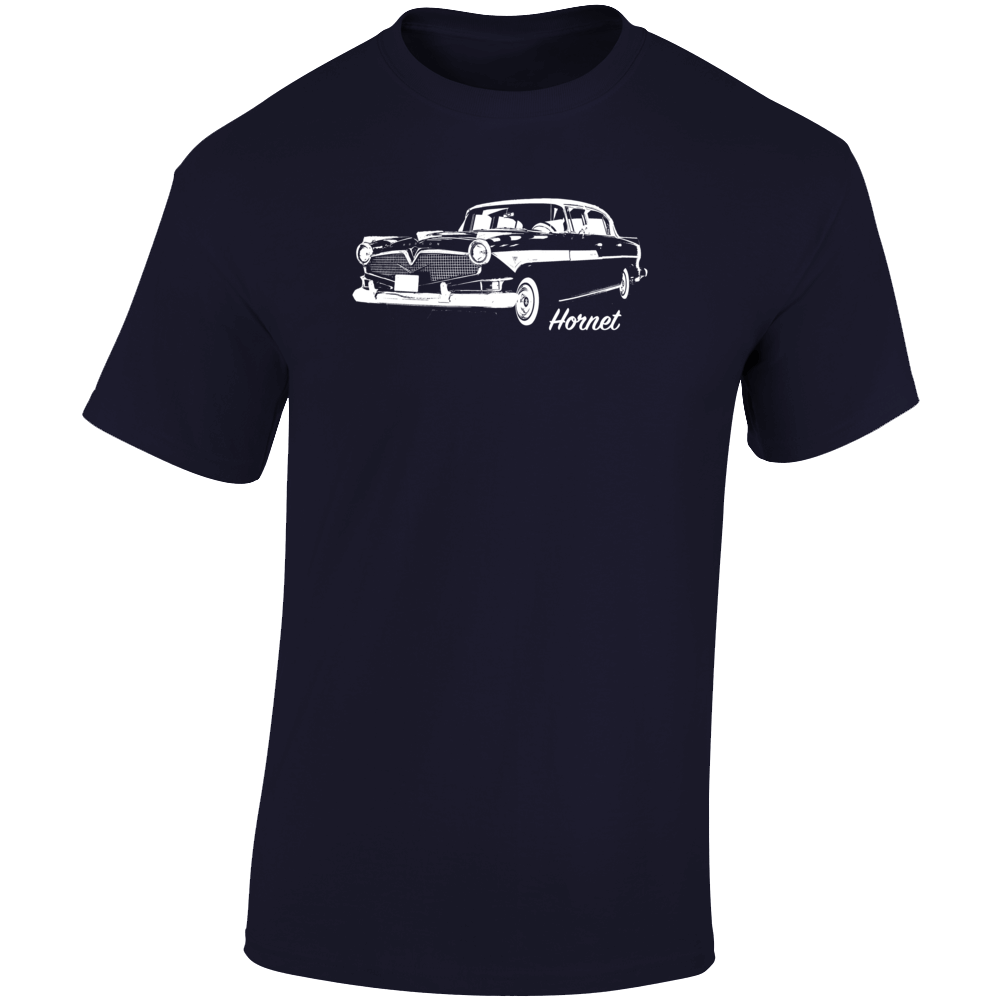1957 Hornet Three Quarter Angle View With Model Name Dark Color T Shirt