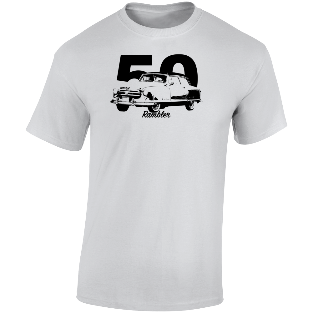1950 Rambler Three Quarter Angle View With Year And Model Name Light Color T Shirt