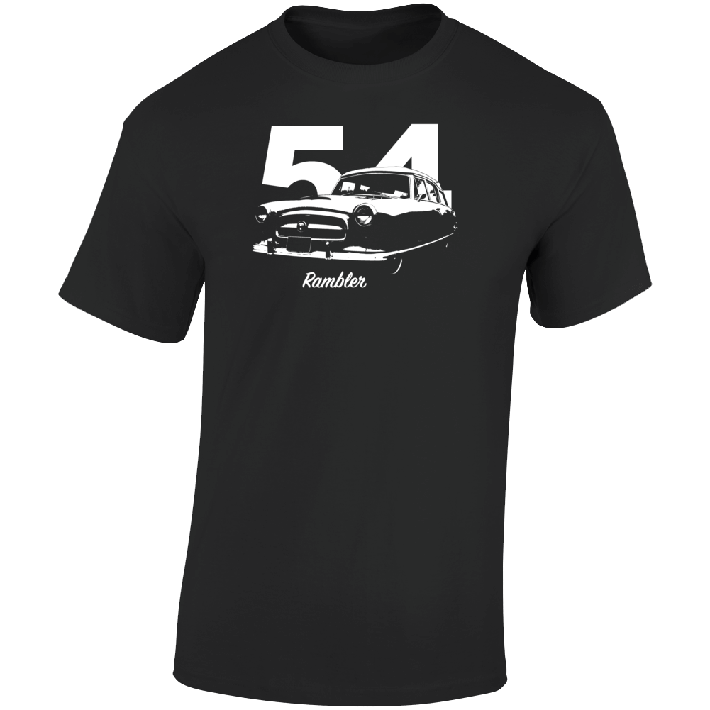 1954 Rambler Three Quarter Angle View With Year And Model Name Dark Color T Shirt