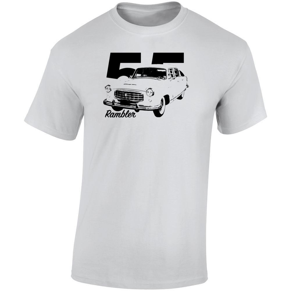 1955 Rambler Three Quarter Angle View With Year And Model Name Light Color T Shirt