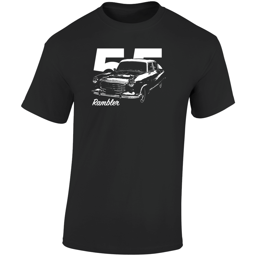 1955 Rambler Three Quarter Angle View With Year And Model Name Dark Color T Shirt