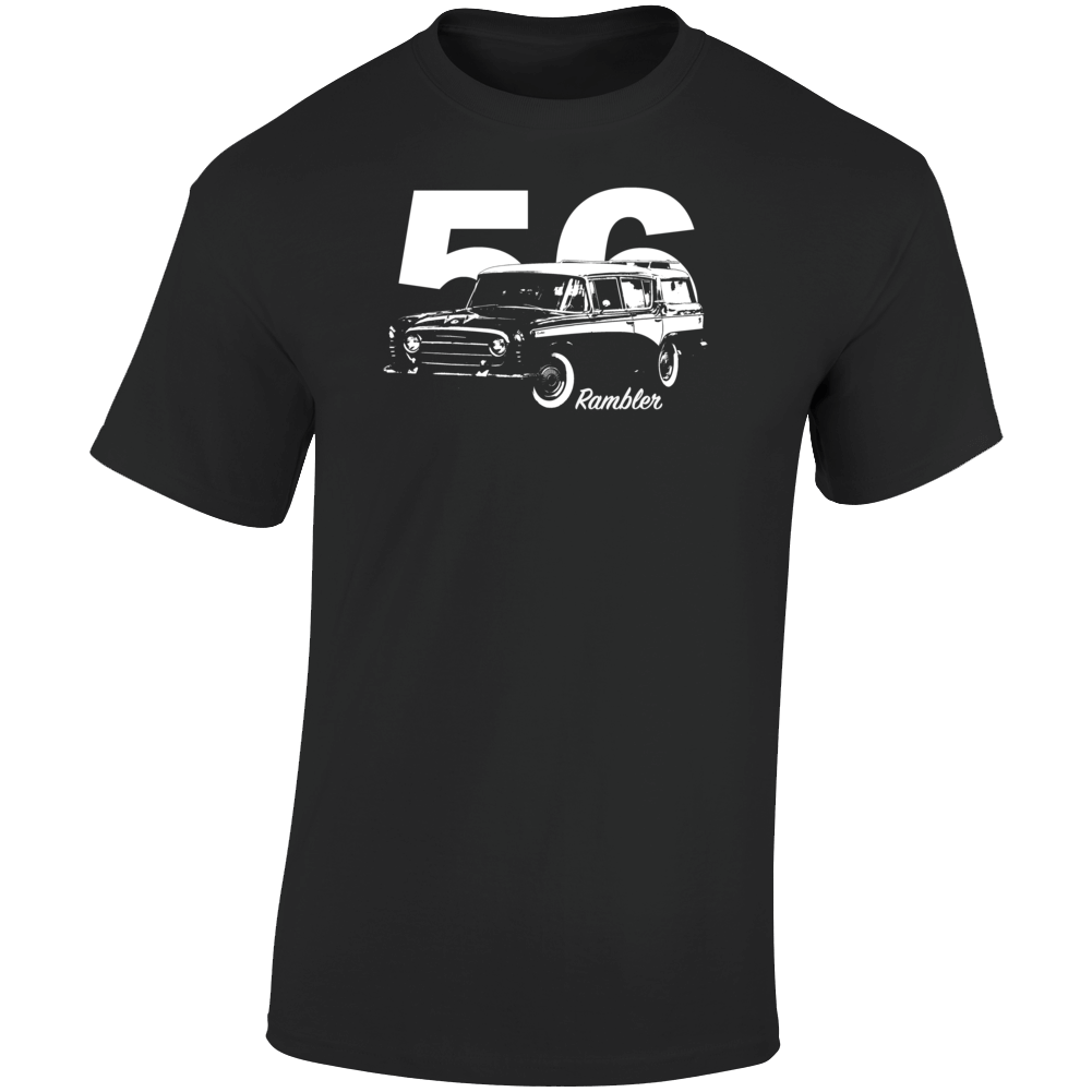1956 Rambler Three Quarter Angle View With Year And Model Name Dark Color T Shirt