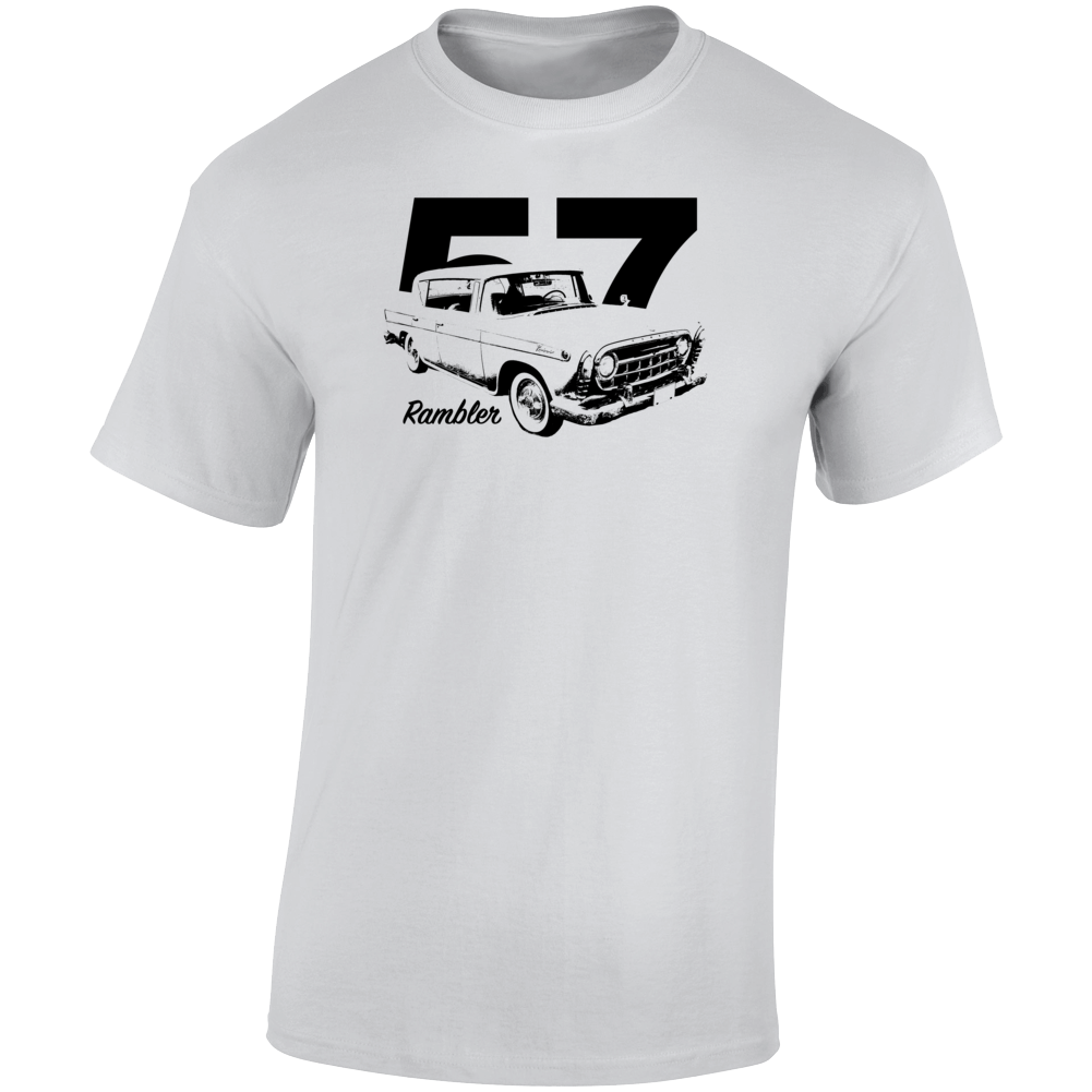 1957 Rambler Three Quarter Angle View With Year And Model Name Light Color T Shirt