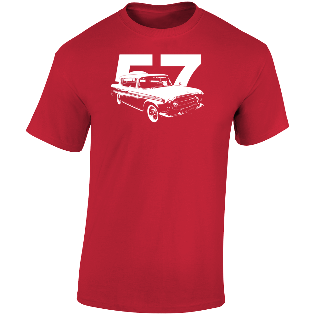1957 Rambler Three Quarter Angle View With Year Dark Color T Shirt