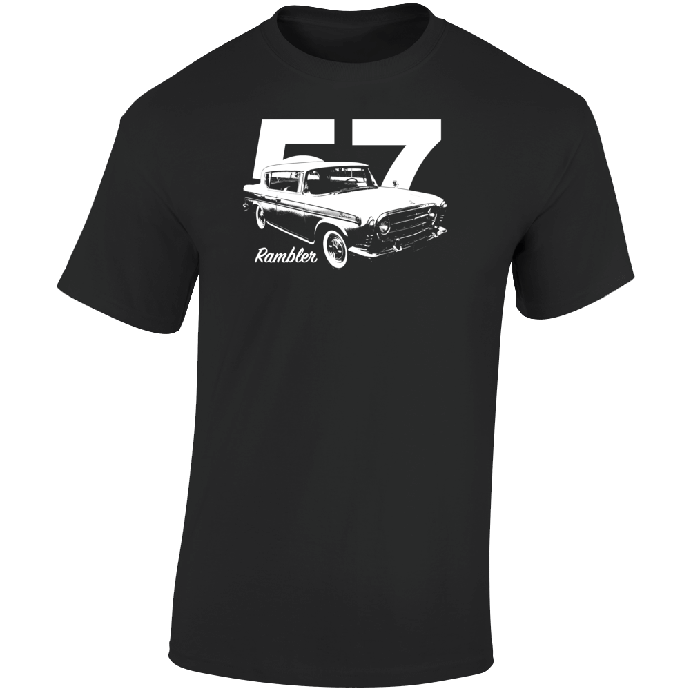 1957 Rambler Three Quarter Angle View With Year And Model Name Dark Color T Shirt