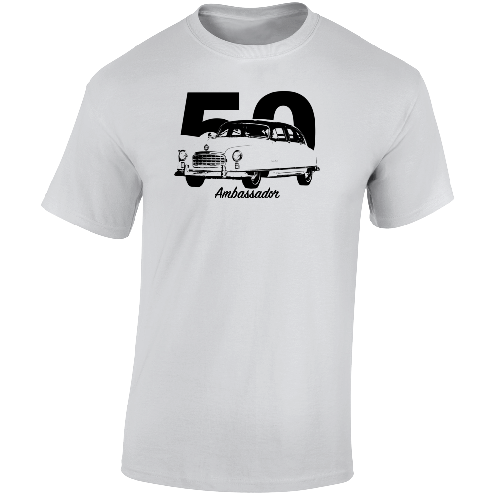 1950 Ambassador Three Quarter Angle View With Year And Model Name Light Color T Shirt