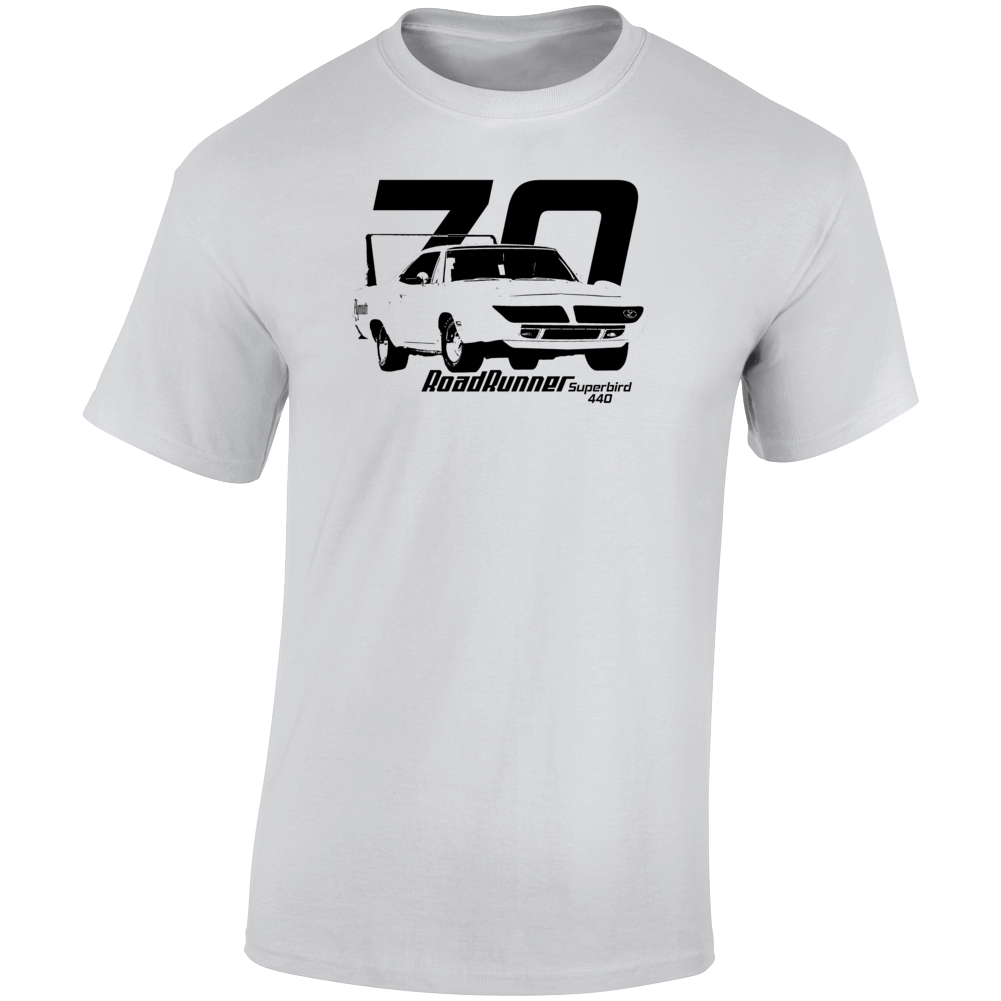 1970 Road Runner Superbird 440 Three Quarter Angle View With Year And Model Name Light Color T Shirt