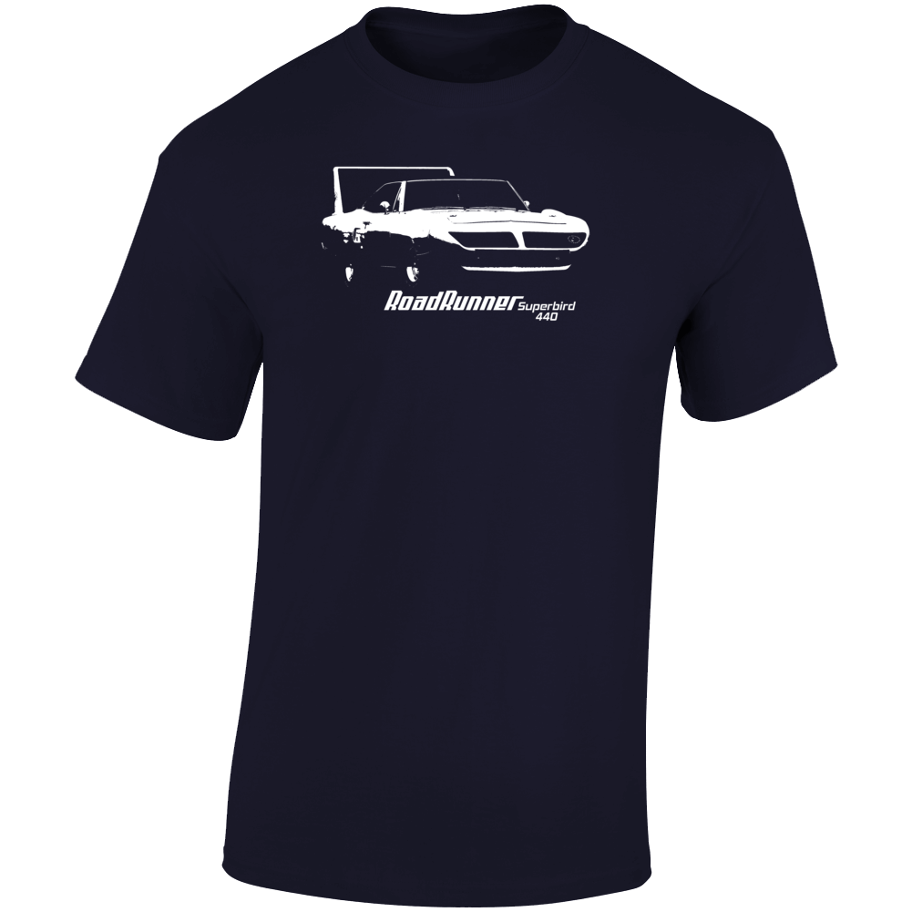 1970 Road Runner Superbird 440 Three Quarter Angle View With Model Name Dark Color T Shirt