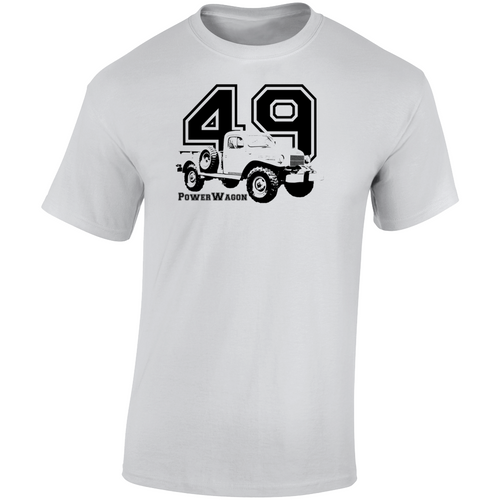 1949 Power Wagon Three Quarter Angle View With Year And Model Name Light Color T Shirt