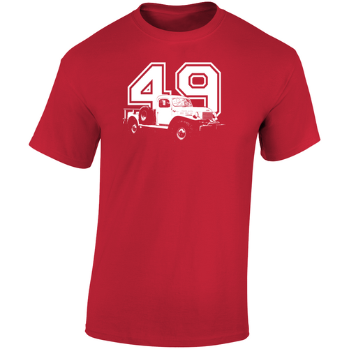 1949 Power Wagon Three Quarter Angle View With Year Dark Color T Shirt