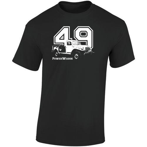 1949 Power Wagon Three Quarter Angle View With Year And Model Name Dark Color T Shirt