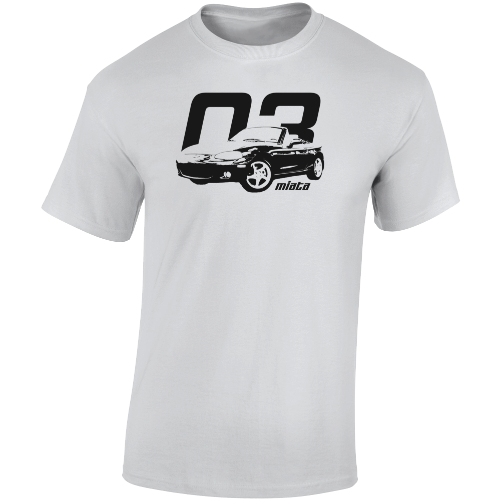 2003 Miata Three Quarter Angle View With Year And Model Name Light Color T Shirt