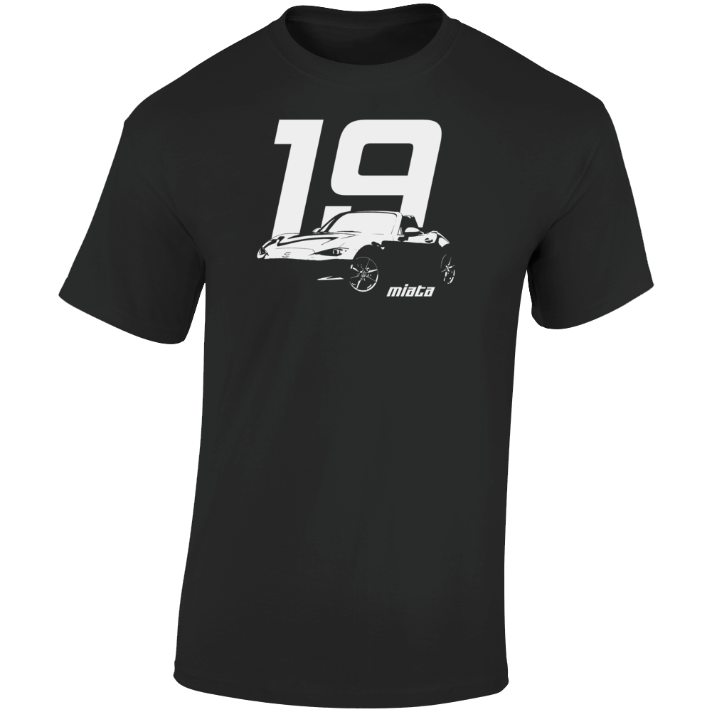2019 Miata Three Quarter Angle View With Year And Model Name Dark Color T Shirt