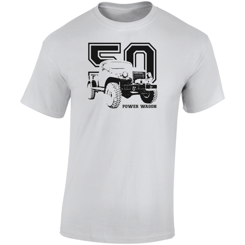 1950 Power Wagon Three Quarter Angle View With Year And Model Name Light Color T Shirt