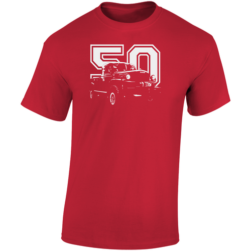 1950 Power Wagon Three Quarter Angle View With Year Dark Color T Shirt